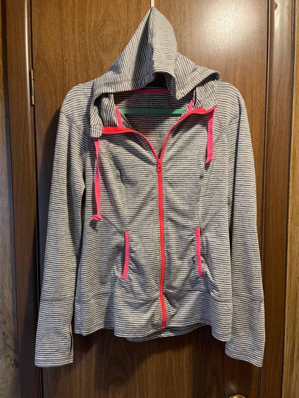 lukka Gray Striped Hooded Utility Jacket with Pink Trim